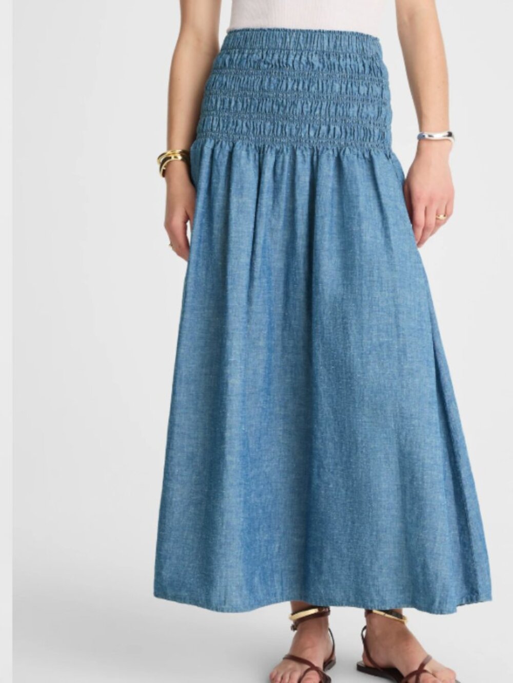 Madewell Smocked-Waist Denim Midi Skirt